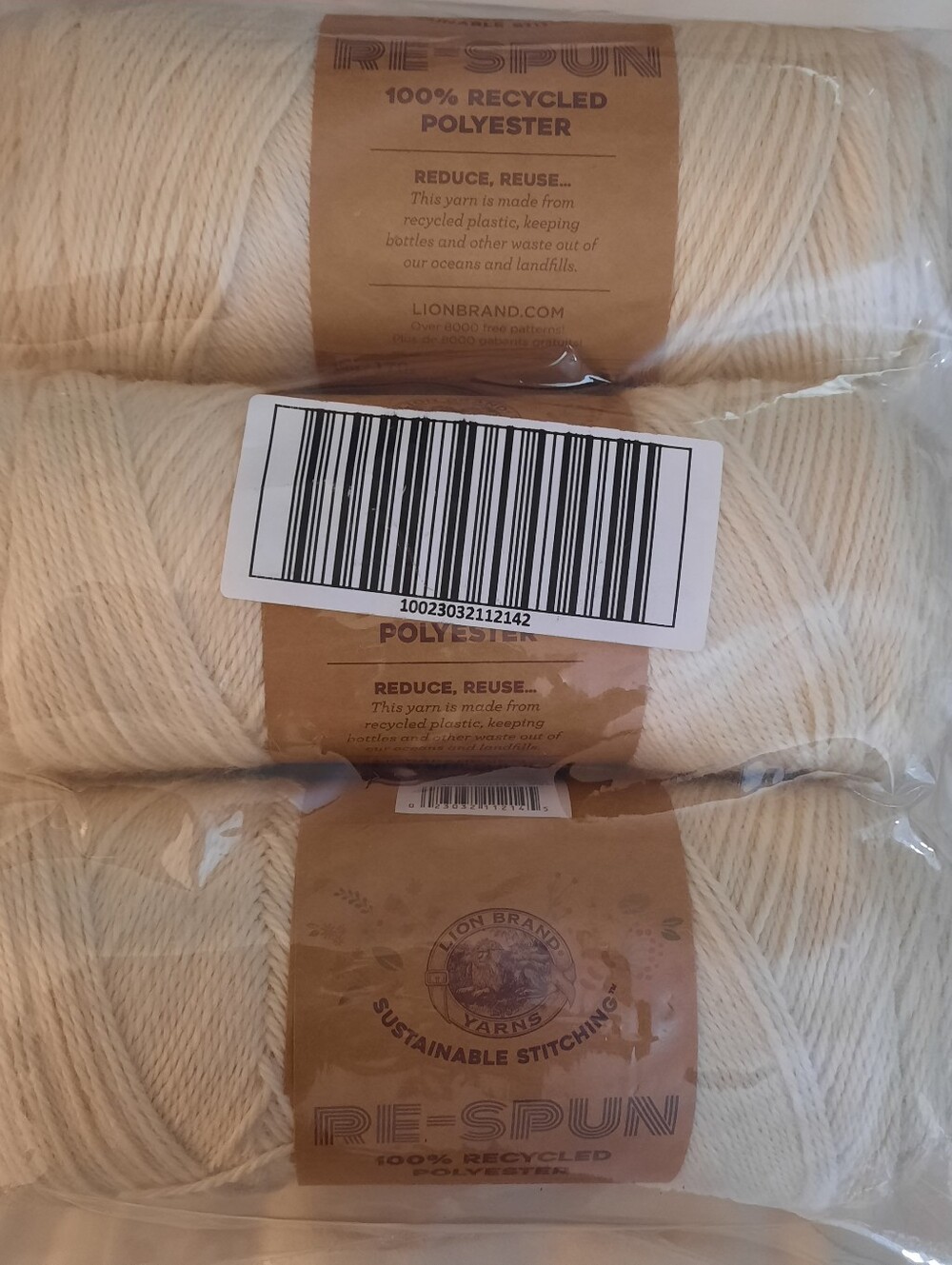 De-Stashing Lion Brand RE-SPUN - Bag of 3 Skeins - Natural Aran Color